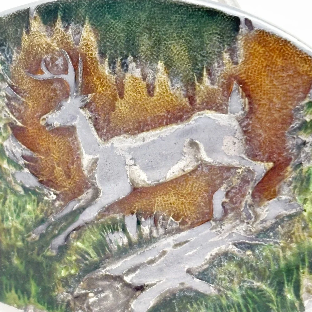 Indiana Metal Craft 1980 Vintage Deer Buck Enamel Belt Buckle Pewter Tone